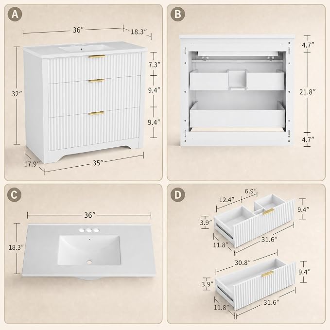 GarveeHome 36 Inch Bathroom Vanity with Sink, Fluted Bathroom Sink Cabinet