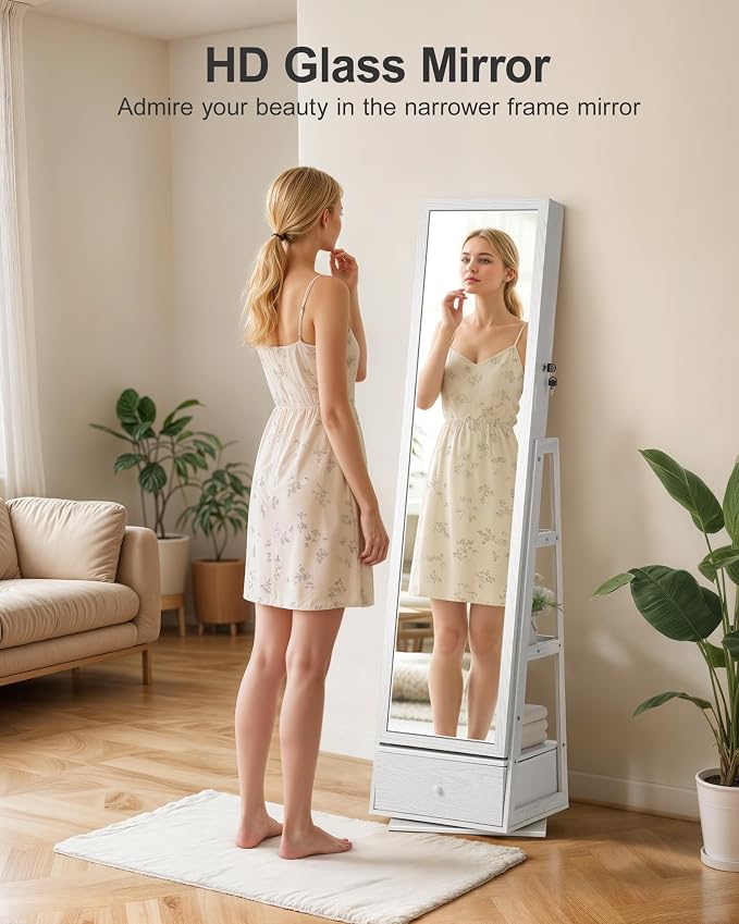Nicetree 360° Swivel LED Jewelry Cabinet, Full-Length Mirror, Grain White