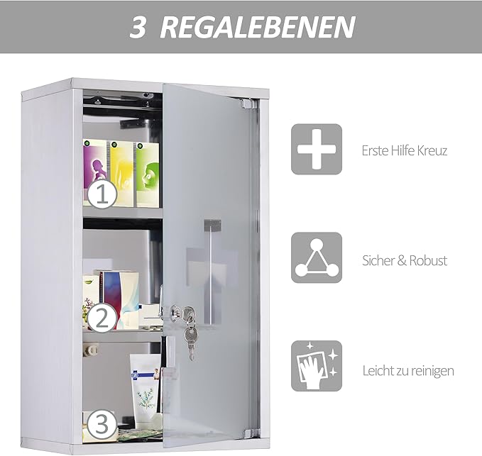 HOMCOM Wall Mounted Medicine Cabinet, Locking Wall Cabinet with 3 Tier Shelves, Stainless Steel Frame and Glass Door, Lockable with 2 Keys, Silver, 12" x 20"