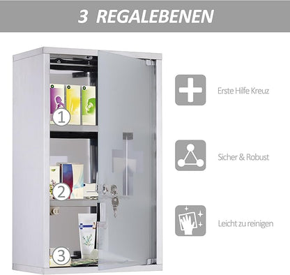 HOMCOM Wall Mounted Medicine Cabinet, Locking Wall Cabinet with 3 Tier Shelves, Stainless Steel Frame and Glass Door, Lockable with 2 Keys, Silver, 12" x 20"
