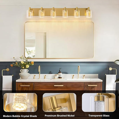 SineRise Vanity Light with 3 Color Modes (3000K/4000K/6000K), Eye Protection LED Bathroom Light Fixture, Dimmable Modern Wall Light Over Mirror with Clear Glass Shade (Gold, 6-Light)