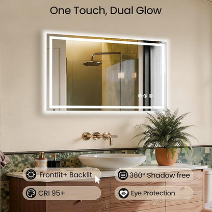 48x24 LED Bathroom Mirror with Anti-Fog, Backlit & Front Lit, Memory | Stepless Dimmable 3 Color CRI 95+ Shatterproof Tempered Glass ETL Listed for Safety Lighted Bathroom Vanity Mirror for Wall