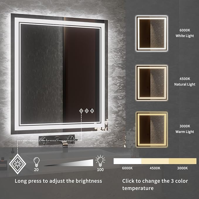 Bathroom Mirror, 32x36 Inch Gradient Front and Backlit LED Mirror for Bathroom, 3 Colors Dimmable CRI>90 Double Lights, IP54 Enhanced Anti-Fog, Hanging Plates Wall Mount LED Mirror