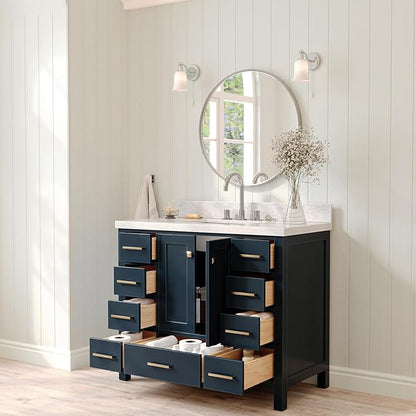 ARIEL Cambridge 42-inch Bathroom Vanity with Sink,Solid Wood, 1.5-inch Italian Carrara Marble Countertop, Single Rectangular Porcelain Sink, 2 Soft Closing Doors, 9 Dovetail Drawers, Midnight Blue