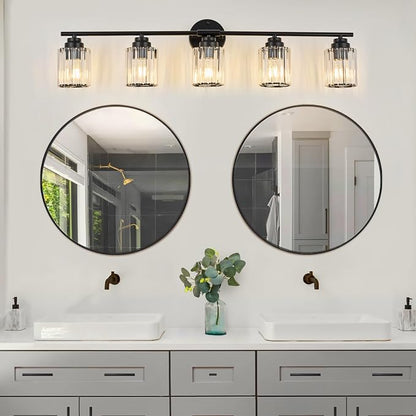 37.4" Crystal Bathroom Lighting Fixtures Over Mirror, 5-Light Balck Vanity Light Fixture, Vanity Lights with Clear Crystal Shade, E26 Base Wall Sconces for Bathroom, Bedroom, Hallway