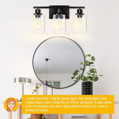 3-Light Vanity Light, Matte Black Bathroom Lighting Fixtures Over Mirror, Modern Metal Wall Lights for Hallway Kitchen Bedroom Living Room | Wall Sconce Light Fixture with Clear Glass Shade Matte Black Modern Metal Wall Lights for Hallway Kitchen Bedro...