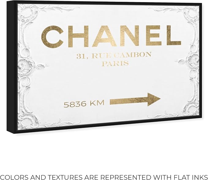 The Oliver Gal Artist Co. Typography and Quotes Contemporary Canvas Art - Couture Road Sign Rococo Gold, Wall Art for Living Room, Bedroom, and Bathroom, 45 in x 30, White and Gold Home Decor