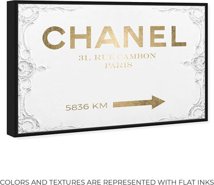 The Oliver Gal Artist Co. Typography and Quotes Contemporary Canvas Art - Couture Road Sign Rococo Gold, Wall Art for Living Room, Bedroom, and Bathroom, 45 in x 30, White and Gold Home Decor