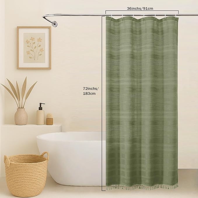 Sage Green Boho Stall Shower Curtain, Narrow Soft Fabric Striped Linen Textured Bathroom Shower Curtain with Tassel, Modern Farmhouse Machine Washable Bath Decor, 36Wx72L Inches