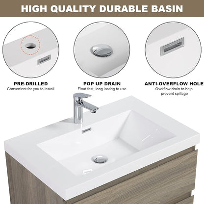 Floating Vanity Bathroom, 30 Inch Bathroom Vanity with Sink, Wall Mounted Single Sink Bathroom Vanity, Soft Closed 2 Drawers, Integrated Sink (Ash Grey)
