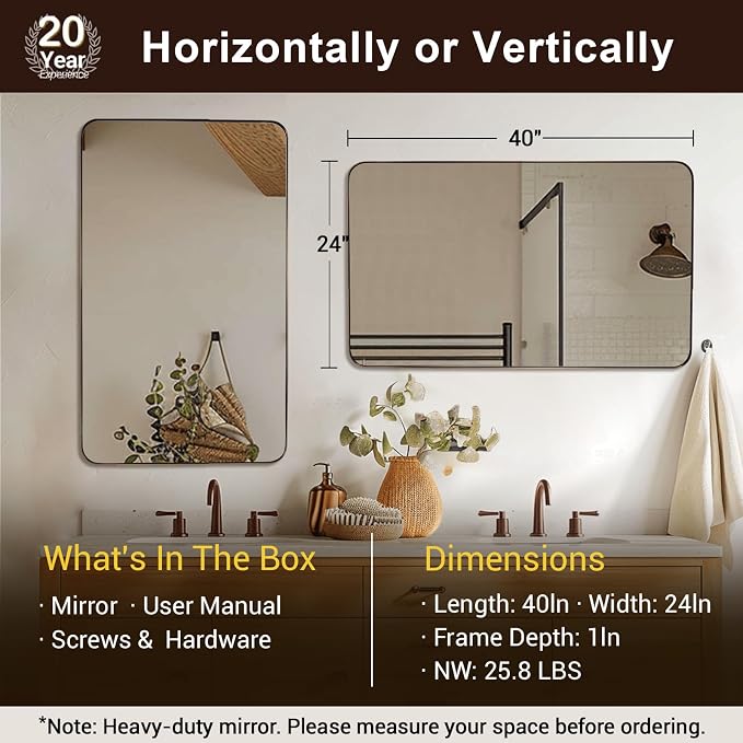Bronze Bathroom Mirror for Wall, 24X40” Bronze Wall Mirror for Vanity, Rounded Rectangle Mirror, Oil Rubbed Bronze Metal Modern Stainless Steel Frame, Hang Vertically or Horizontally