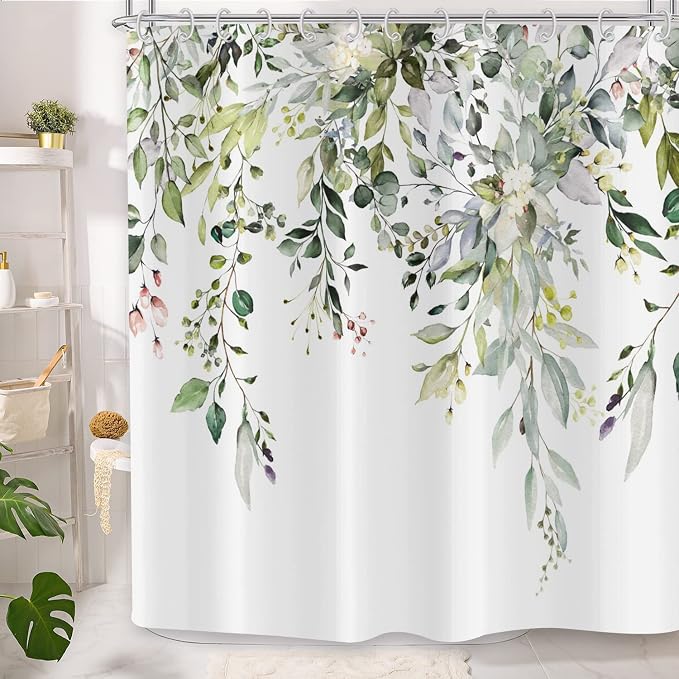 Eucalyptus Shower Curtain, Watercolor Green Leaves on The Top Plant with Floral Bathroom Curtain Bathtub Home Decor Waterproof Fabric Machine Washable with 12 Hooks