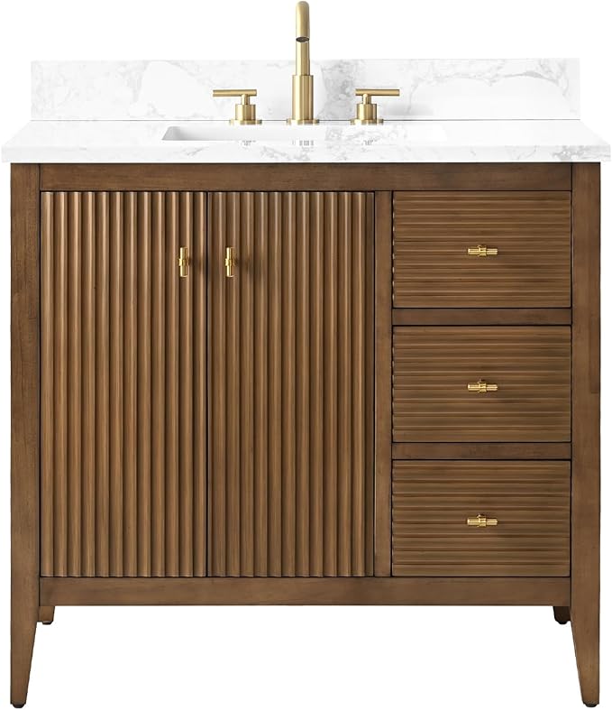 HOMEBEYOND 36" Bathroom Vanity with Sink, Solid Wood Bathroom Vanity Free-Standing Cabinet, Drawers, Ceramic Top & Soft Closing Door, Golden Brushed Handware, Walnut