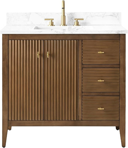 HOMEBEYOND 36" Bathroom Vanity with Sink, Solid Wood Bathroom Vanity Free-Standing Cabinet, Drawers, Ceramic Top & Soft Closing Door, Golden Brushed Handware, Walnut