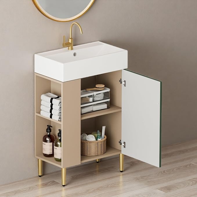 21.6" Freestanding Bathroom Vanity with Ceramic Sink, Green | Ceramic Sink, Wave-Pattern Door & Two-Layer Left Open Compartment, Bathroom Storage Cabinet, Easy Installation