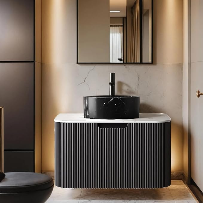 24" Floating Modern Bathroom Vanity with Sink, Modern Cabinet with Ultra-Thin Stone Pattern Ceramic Basin and Marble Top, Extra Large Storage Drawer, Soft-Close Design, Gloss Black