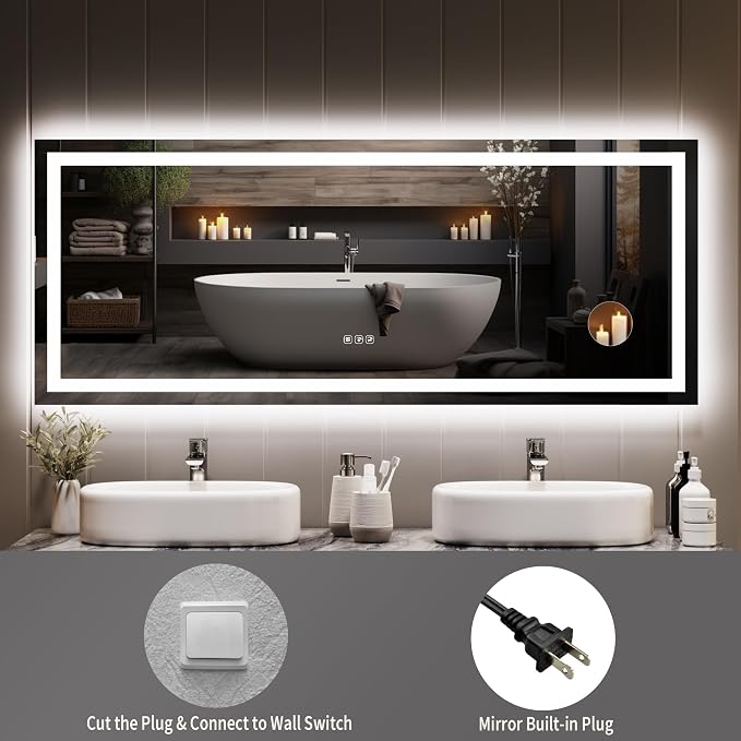 LED Bathroom Mirror 60 x 24 inch with 3X Mirror, Lighted Bathroom Vanity Mirror with Front and Backlit LED Lights, Frameless Wall Mounted Mirror with Adjustable Color Temperature
