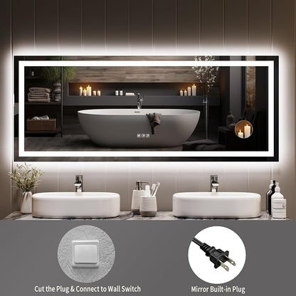 LED Bathroom Mirror 60 x 24 inch with 3X Mirror, Lighted Bathroom Vanity Mirror with Front and Backlit LED Lights, Frameless Wall Mounted Mirror with Adjustable Color Temperature