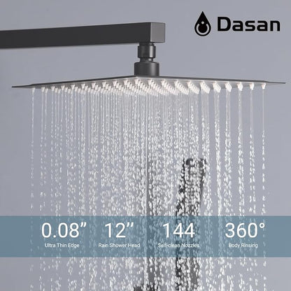 DASAN Full Body Shower System with 6 PCS Body Spray Jets & 12'' Rain Overhead Shower & Handheld, In-Wall Rain Shower System Matte Black Shower Faucets Sets Complete with Valve, SA-SS03AMB-S12W