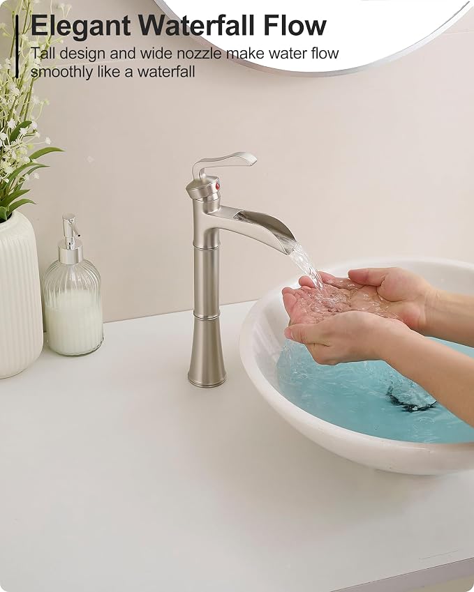 Brass Vessel Sink Faucet Brushed Nickel, Waterfall Bathroom Sink Faucet 1 Hole, Single Handle Bathroom Faucet, Tall Faucet for Bathroom Sink with Pop-Up Drain & Water Hoses for Save Water