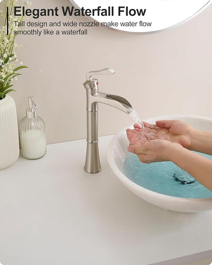 Brass Vessel Sink Faucet Brushed Nickel, Waterfall Bathroom Sink Faucet 1 Hole, Single Handle Bathroom Faucet, Tall Faucet for Bathroom Sink with Pop-Up Drain & Water Hoses for Save Water