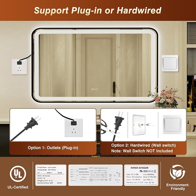 32x55 Inch Black Framed LED Bathroom Mirror with Lights,Smart Bathroom Mirror,Motion Sensor,Tempered Glass,Anti-Fog,Stepless Dimmable & 3 Colors,Memory,Vanity Mirror for Wall