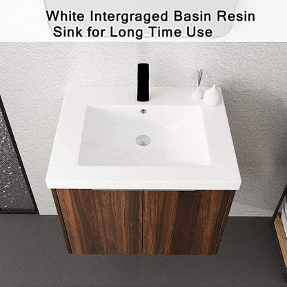 SSLine Wall Mounted Bathroom Vanity with Sink Combo Modern 24-Inch Single Bathroom Vanity Set with Top Basin &Storage Cabinet Wood Hanging Bath Cabinet w/Resin Sink for Small Space(Dark Walnut)