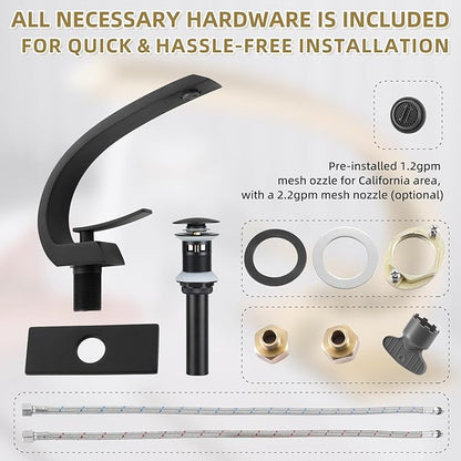 Matte Black Bathroom Sink Vanity Elegance Swan Faucet for 1 Hole with 6-Inch 3 Hole Deckplate,Rikaziya Bathroom Fixtures Faucets Pop Up Overflow Drain with 9/16" Supply Hose and to 1/2" Adapter Combo