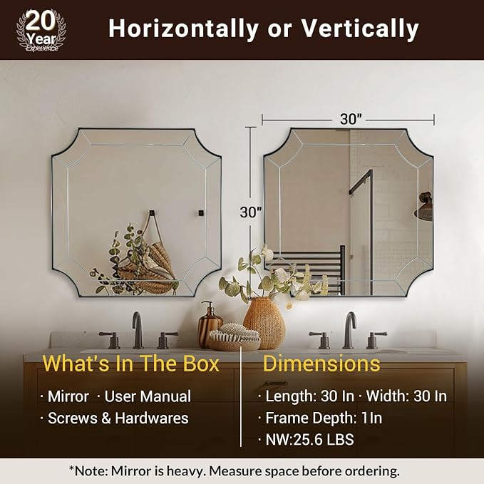 30"x30" Brushed Nickel Square Mirror, Silver Bathroom Mirror for Over Sink, Modern Mirror with Unique Notched Corner, Non-Rusting Vanity Mirror in Delicate Tessellated Glass Design