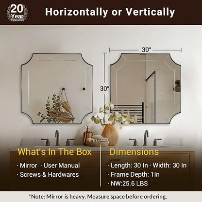 30"x30" Brushed Nickel Square Mirror, Silver Bathroom Mirror for Over Sink, Modern Mirror with Unique Notched Corner, Non-Rusting Vanity Mirror in Delicate Tessellated Glass Design