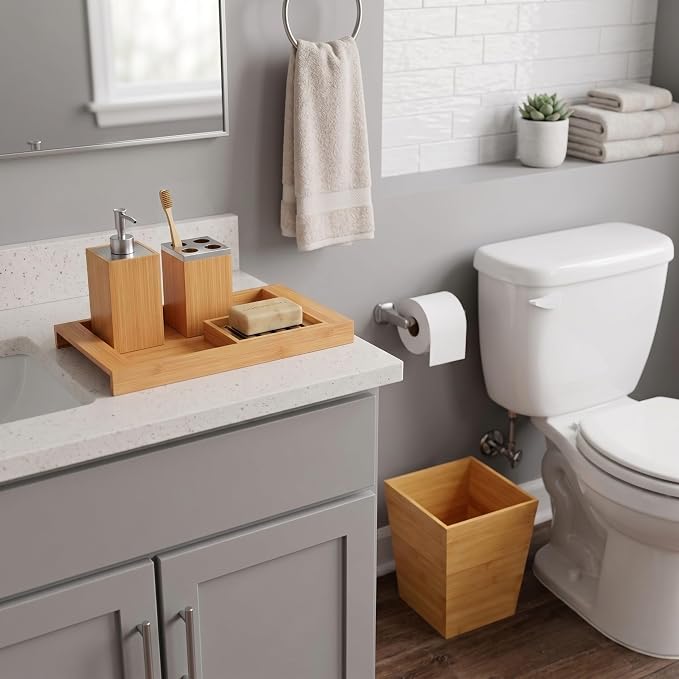 Lavish Home 5-Piece Bathroom Decor Set - Bamboo Bathroom Accessories with Trash Bin, Soap Dish, Soap Dispenser, Toothbrush Holder, and Tray (Natural)