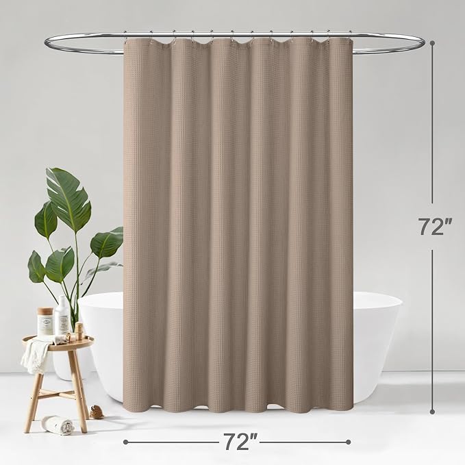 Waffle Weave Shower Curtain Heavyweight Cotton Fabric Beige 72Wx72L | Soft Cotton Cloth,3D Square Truely Waffle Washable, Hotel Luxury Spa, Shower Curtain Set for Bathroom 12 Plastic Hooks