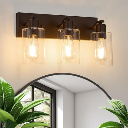 3 Lights Bathroom Light Fixtures Oil Rubbed Bronze Vanity Light with Clear Glass Shade 18in Modern Bathroom Lighting Fixtures Over Mirror for Bedroom/Living Room