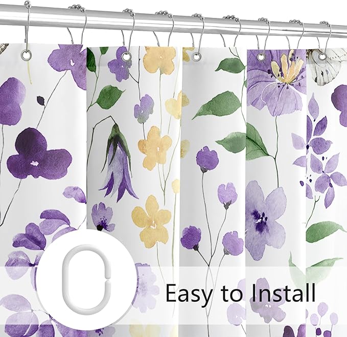Long Shower Curtain 72 x 78 Inch, Tall Purple Yellow Floral Shower Curtains for Bathroom, Watercolor Flower Butterfly Fabric Shower Curtain Set with Hooks