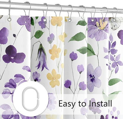 Long Shower Curtain 72 x 78 Inch, Tall Purple Yellow Floral Shower Curtains for Bathroom, Watercolor Flower Butterfly Fabric Shower Curtain Set with Hooks