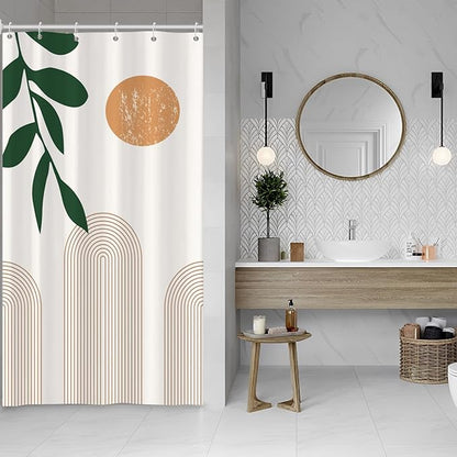 Boho Mid Century Shower Curtain Abstact Arch Sun Leaves Modern Minimalist Geometric Plant Aesthetic Shower Curtains Polyester Fabric Bathroom Decoration Curtain with Hooks 36x72 inch