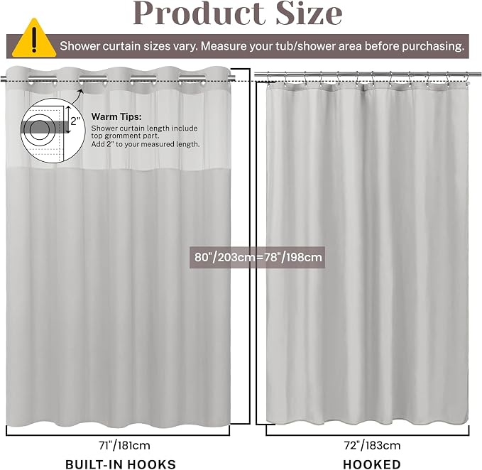 SORTTO No Hook Slub Shower Curtain with Liner, 71x80, Light Grey | Snap in Liner, 3 in 1, Bamboo Texture, Hotel Style, Waterproof Fabric, Mesh Top Window, Corner Magnets, Machine Washable