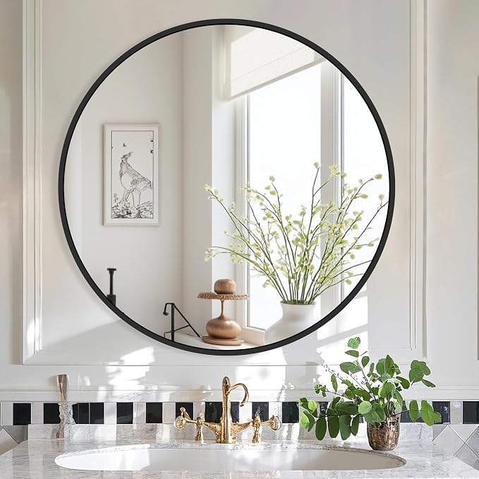 30 Inch Black Round Circle Mirror for Bathroom Wall, Metal Frame | HD tempered glass for clear, distortion-free reflection. Mounting hardware included for vertical or horizontal wall mount.