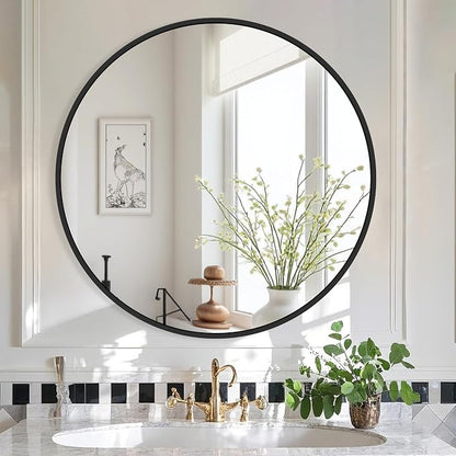 30 Inch Black Round Circle Mirror for Bathroom Wall, Metal Frame | HD tempered glass for clear, distortion-free reflection. Mounting hardware included for vertical or horizontal wall mount.