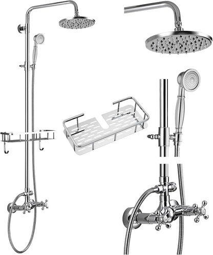 gotonovo Exposed Shower System with Shelf 2 Cross Handle Polished Chrome | Bathroom Brass Shower Faucet Set,8’’ Rainfall Head with Handheld Sprayer,SUS304 Shelf,6’’ Hole Distance,Adjustable Height