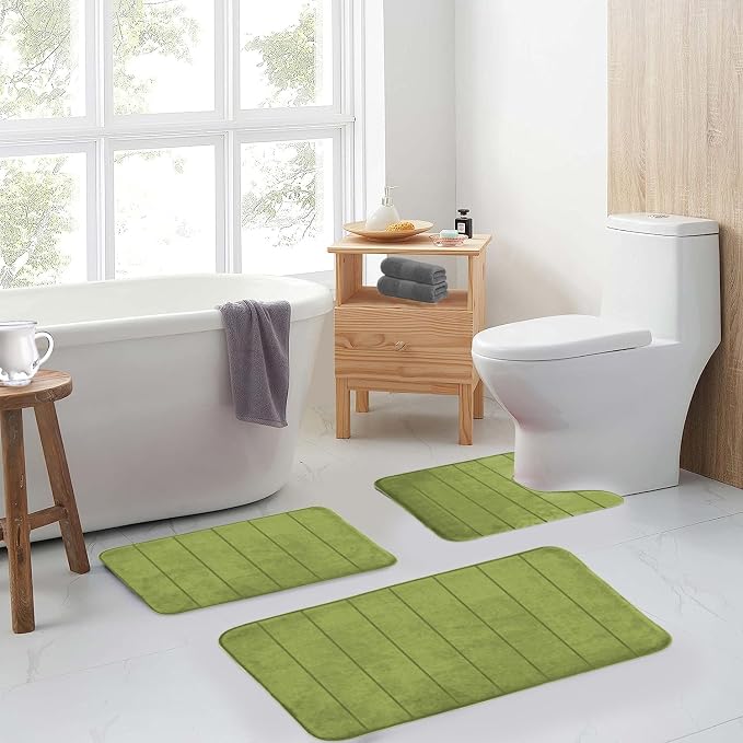 RUN HELIX Sage Green Bathroom Rugs Sets 3 Piece Memory Foam Non Slip Bath Mats for Bathroom Floor and U-Shaped Contour Toilet Rug, Soft Washable Bathrom Sets Mats and Rugs Sets for Toilet Shower Sink