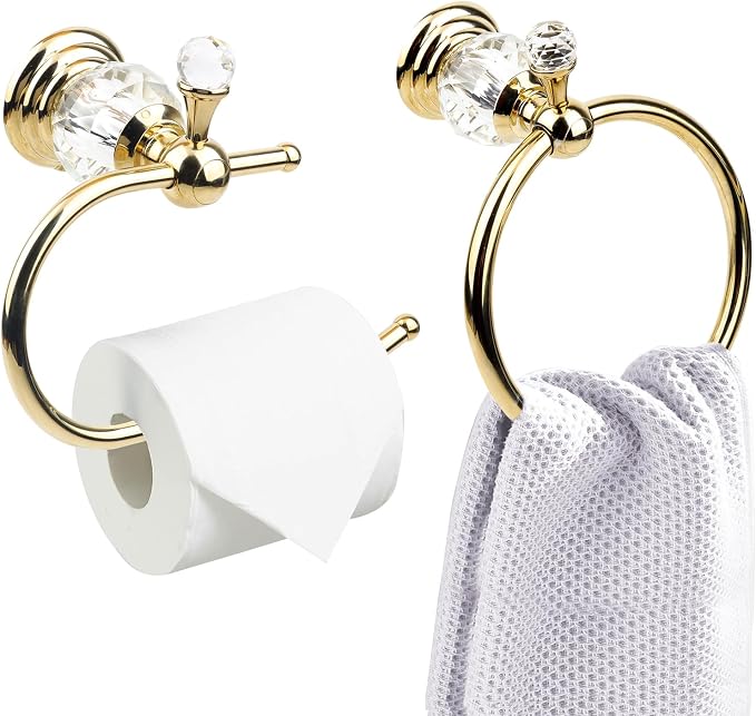 Luxury Crystal Series Toilet Paper Holder Wall Mouted Towel Ring, Gold Round Hand Towel Rack Decorative 2 Pieces Sets for Bathrooms