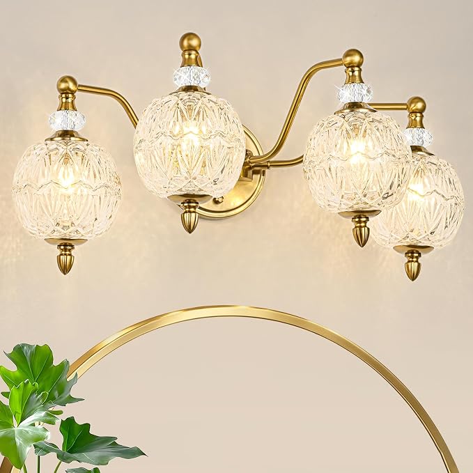 Vintage Bathroom Vanity Light, 4-Light Mid Century Brushed Gold Finish Wall Sconce with Globe Glass Shades, Retro Mirror Light for Bathroom, Powder Room