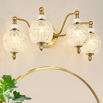 Vintage Bathroom Vanity Light, 4-Light Mid Century Brushed Gold Finish Wall Sconce with Globe Glass Shades, Retro Mirror Light for Bathroom, Powder Room