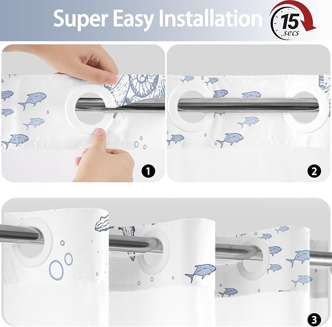 Extra Long No Hook Shower Curtain with Snap in Liner, Beach Ocean Nautical Coastal Shower Curtains and Liner Set for Bathroom, Seashell Fabric Bath Curtain, Waterproof Washable, Grey 71"x84"