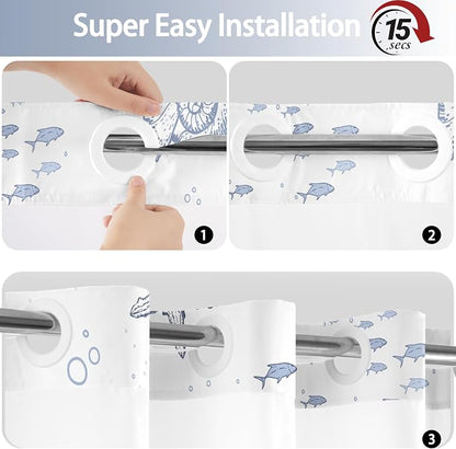 Extra Long No Hook Shower Curtain with Snap in Liner, Beach Ocean Nautical Coastal Shower Curtains and Liner Set for Bathroom, Seashell Fabric Bath Curtain, Waterproof Washable, Grey 71"x84"