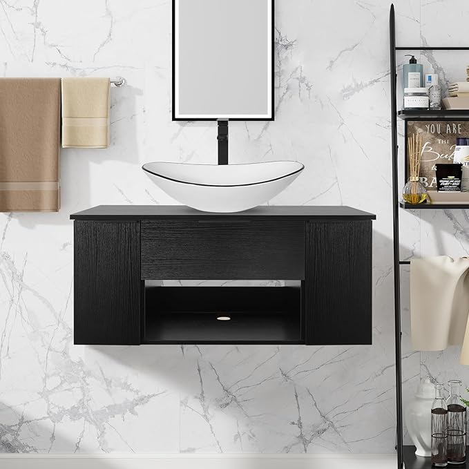 36 Inch Black Floating Bathroom Vanity with 2-Doors and 1-Drawer, Modern Wall Mounted Cabinet with Black and White Boat Ceramic Vessel Sink