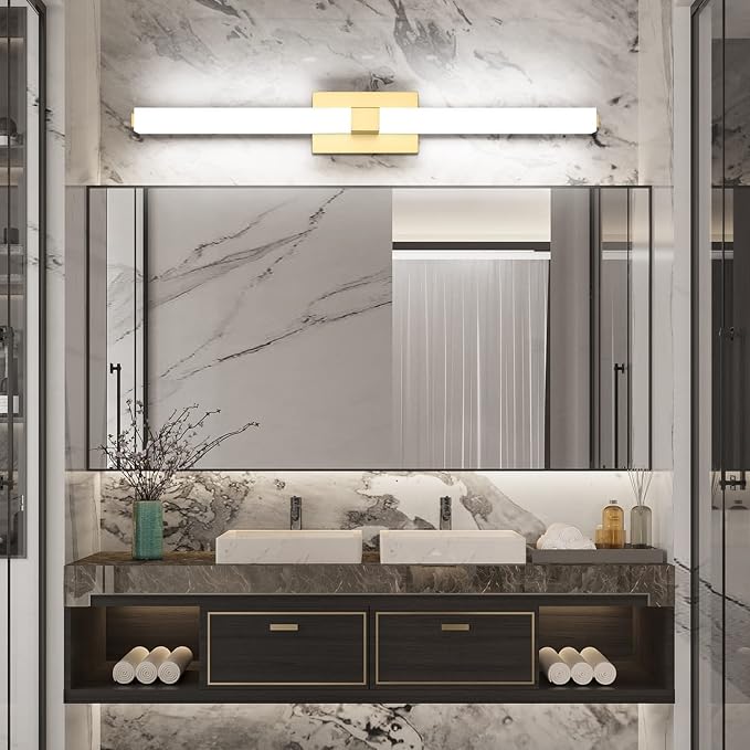 40in LED Vanity Lights Modern Gold Bathroom Light Fixtures Over Mirror 28W Bright White Acrylic Wall Lighting for Bath