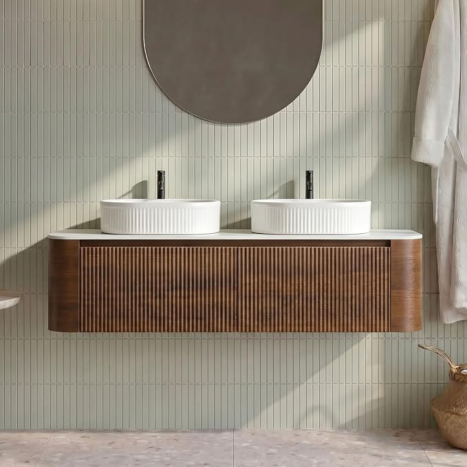 60" Preassembled Double Floating Bathroom Vanity with White Sink, Walnut | Mid-Century Modern Style, Fluted & Soft-Close Drawer with U-shaped Wall, Sinterted Stone Countertop, Towel Rack Included
