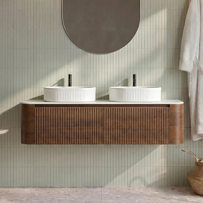 60" Preassembled Double Floating Bathroom Vanity with White Sink, Walnut | Mid-Century Modern Style, Fluted & Soft-Close Drawer with U-shaped Wall, Sinterted Stone Countertop, Towel Rack Included